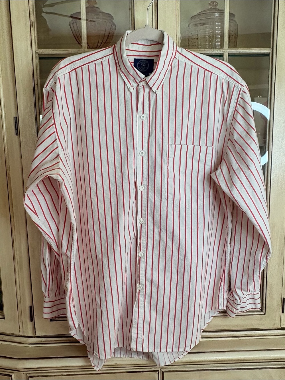 Vintage 80s GAP Red & White Striped 100% Cotton Button Down Shirt w/ Blue Tag